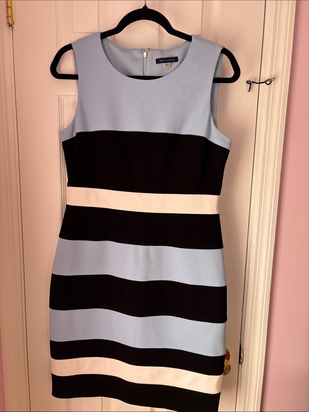 Tommy Hilfiger Sleeveless Striped Midi Dress in Light Blue, Black & Cream
